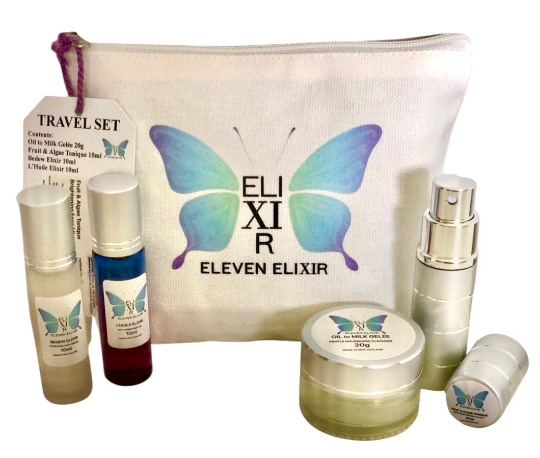 Eleven Elixir Skincare Travel Set - Oil to Milk Gelee Cleanser, Tonique Fruit & Algae Brightening Toner, Bedew Elixir Hydrating Serum, L'Huile Elixir Anti Aging Face Oil. Made In New Zealand Natural Skin Care.